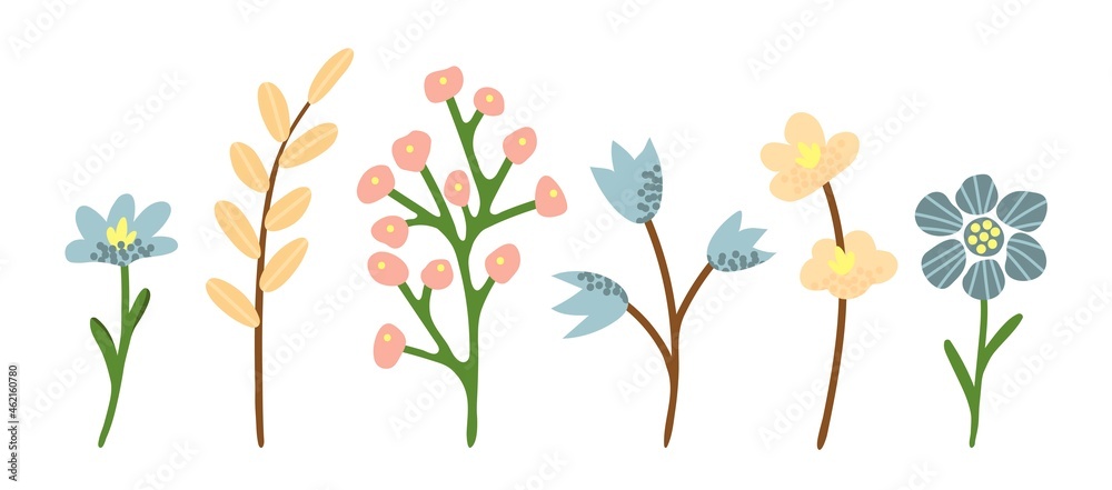 Simple vector drawing in pastel colors. Set of different gentle wildflowers. For the festive design of cards, invitations.