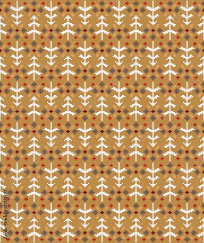 Seamless pattern with firs and flowers in scandinavian folk style. Pixel emboidery effect. Stock illustration for web and print, wallpaper, background, textile, scrapbooking and wrapping paper.