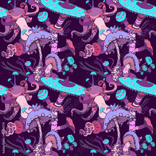Fantasy seamless pattern with various mushrooms. Beautiful magic landscape pattern, hand drawn concept background. Vector illustration.