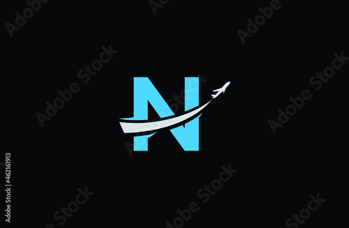 Letter N with airplane vector logo, Travel Monogram with N initial Alphabet
