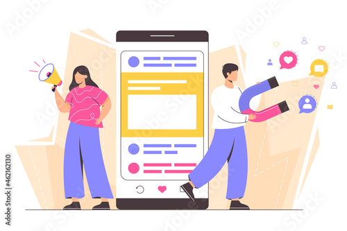 Social media marketing. Flat characters attract followers. Agents search of target audience, new subscribers, public shares and likes. Consumer attraction strategy concept. Social network promotion.