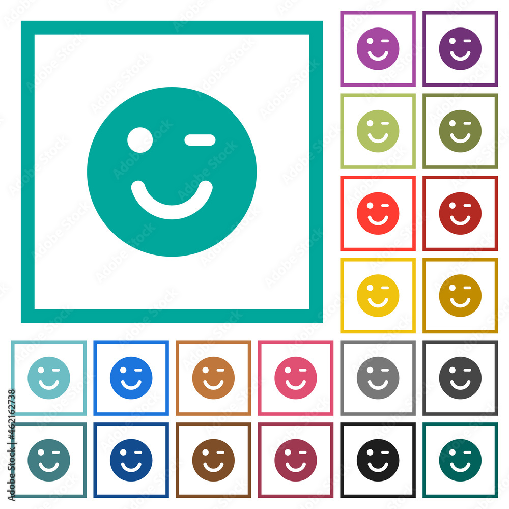 Winking emoticon solid flat color icons with quadrant frames