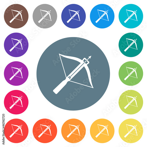 Crossbow with arrow flat white icons on round color backgrounds