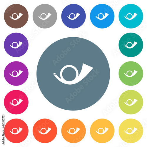 Postal round horn solid flat white icons on round color backgrounds