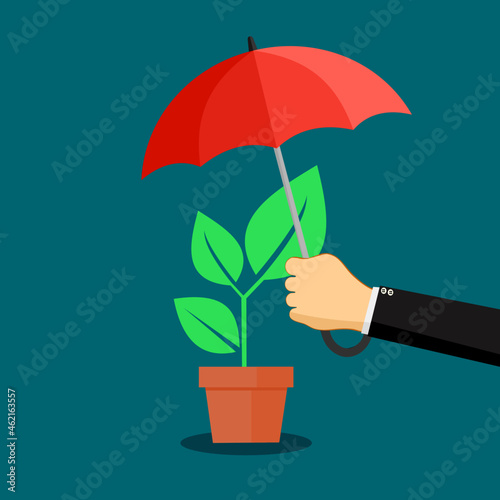 A businessman opens an umbrella to protect a tree. nature protection concept.