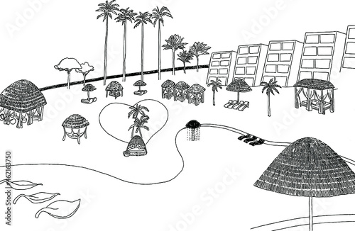 The facilities in the holiday seaside resort, including swimming pools, boats, hammocks, various deck chairs and beds, convey a leisurely holiday mood.