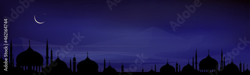 Eid Mubarak card, Ramadan Kareem with Silhouette Dome Mosques at night with crescent moon, dark blue sky,Vector banner background for Islamic religions ,Eid al-Adha, Eid al-fitr,Islamic new year