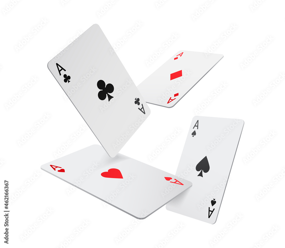 Flying aces playing cards isolated four poker game objects, realistic 3D gambling games symbols set. Vector clubs and spaces, hearts and diamonds casino poker card, black and red suits Flying aces playing cards isolated four poker game objects, realistic 3D gambling games symbols set. Vector clubs and spaces, hearts and diamonds casino poker card, black and red suits