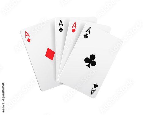 Playing cards, cartoon four aces poker game sign isolated realistic set 3D gambling games symbols. Vector black and red suits, clubs and spaces, hearts and diamonds casino poker card