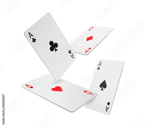 Flying aces playing cards isolated four poker game objects, realistic 3D gambling games symbols set. Vector clubs and spaces, hearts and diamonds casino poker card, black and red suits