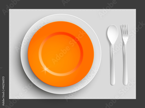 Plate, spoon and fork isolated on napkin background. Canteen icon. dining room badge. buffet icon. Here you can eat picture. Fast food restaurant plate badge. illustration