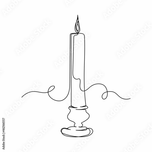 Continuous one line drawing of a candle burning in silhouette on a white background. Linear stylized.