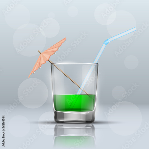 Glass cold drink alcohol & straw. Bright soda & umbrella. A glass of lemonade or fruit juice with umbrella. Cold iced tea. Bar with a glass of cocktail fizzy water drink with straw