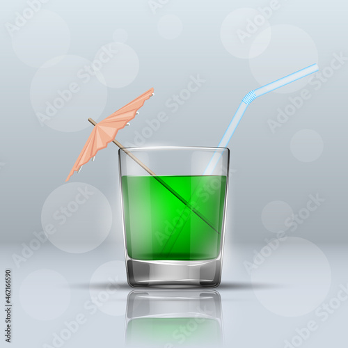 Glass cold drink alcohol & straw. Bright soda & umbrella. A glass of lemonade or fruit juice with umbrella. Cold iced tea. Bar with a glass of cocktail fizzy water drink with straw