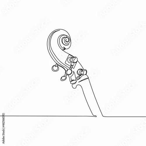 Continuous one line drawing of a detail of the neck of a double bass in silhouette on a white background. Linear stylized.