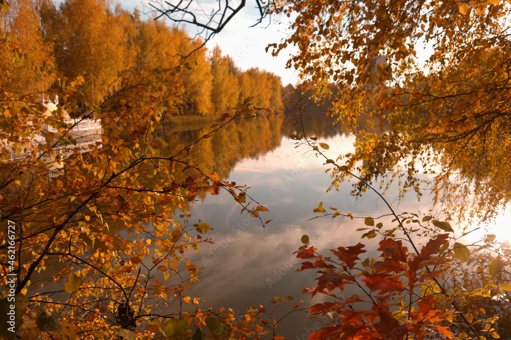 The First Lake with a view of the water surface, autumn trees in the Star City