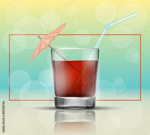 Glass cold drink alcohol & straw. Bright soda & umbrella. A glass of lemonade or fruit juice with umbrella. Cold iced tea. Bar with a glass of cocktail fizzy water drink with straw