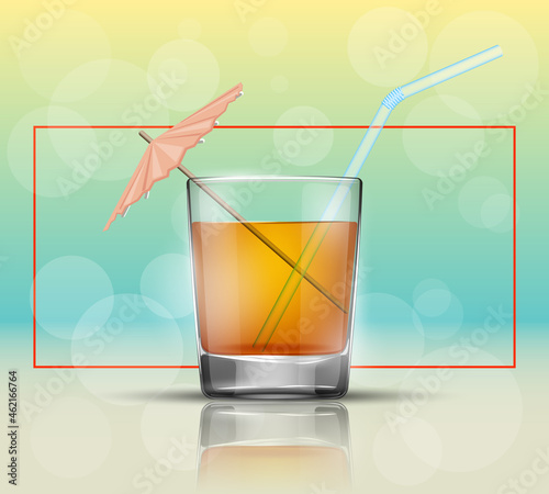 Glass cold drink alcohol & straw. Bright soda & umbrella. A glass of lemonade or fruit juice with umbrella. Cold iced tea. Bar with a glass of cocktail fizzy water drink with straw