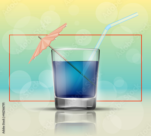 Glass cold drink alcohol & straw. Bright soda & umbrella. A glass of lemonade or fruit juice with umbrella. Cold iced tea. Bar with a glass of cocktail fizzy water drink with straw