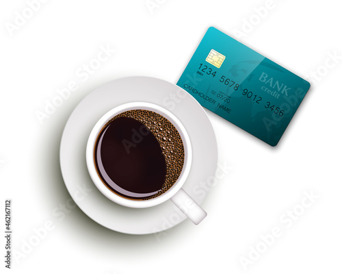 Cup of coffee on warfare dish, bank chip card. Breakfast image, top view. Morning drink coffe and plastic credit card. Hot coffee cup on white platter, debit card top banner. cashless payment
