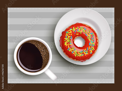 Cup of coffee on warfare dish, donut in glaze. Breakfast image, top view. Morning drink with sweetness. Hot coffee cup on white platter, donut glaze. Light snack top banner. Still life dessert