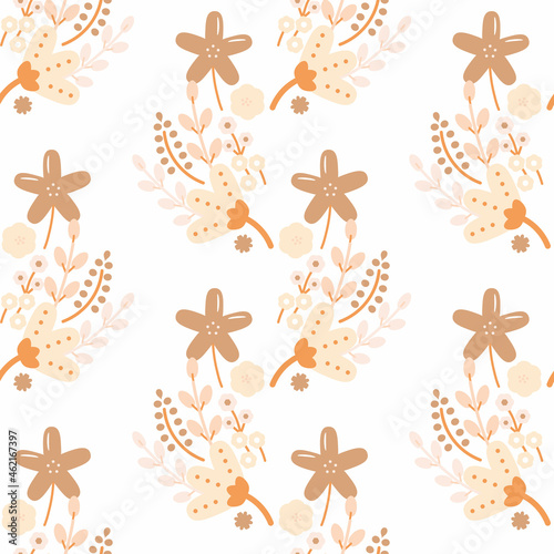 Vector Cheerful Folklore Florals in Soft Pinks and Browns seamless pattern background design. Perfect for scrapbooking, fabrics and web design projects.