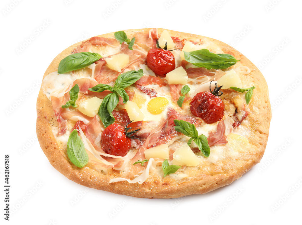 Pita pizza with prosciutto, pineapple, grilled tomatoes and egg isolated on white Pita pizza with prosciutto, pineapple, grilled tomatoes and egg isolated on white