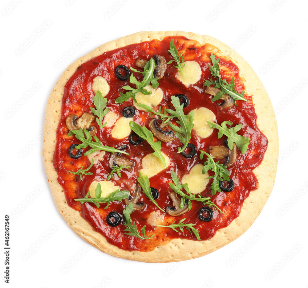 Pita pizza with cheese, olives, mushrooms and arugula isolated on white, top view Pita pizza with cheese, olives, mushrooms and arugula isolated on white, top view
