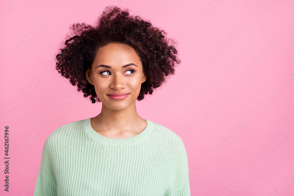 Photo of young dreamy happy afro american woman look empty space enjoy imagine isolated on pink color background Photo of young dreamy happy afro american woman look empty space enjoy imagine isolated on pink color background