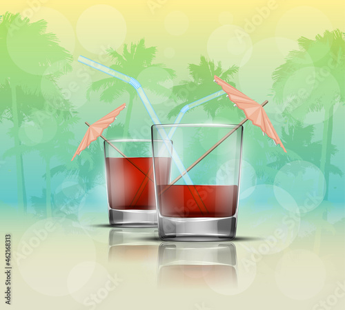 Glass cold drink alcohol & straw banner. Summer Bright soda cocktail & umbrella. Glass lemonade fruit juice umbrella summer banner. Cold iced tea Bar with glass cocktail fizzy water drink straw banner