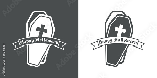 Feliz Halloween. Banner con silueta de ataúd y texto Happy Halloween en cinta en fondo gris y fondo blanco
