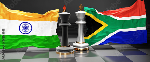 India South Africa summit, fight or a stand off between those two countries that aims at solving political issues, symbolized by a chess game with national flags, 3d illustration photo