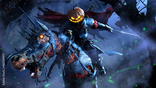 Billede på lærred The sinister pumpkin knight is riding his crazy mystical horse through the dark forest, he has plate armor and a sword at the ready, against the background of a foggy night forest