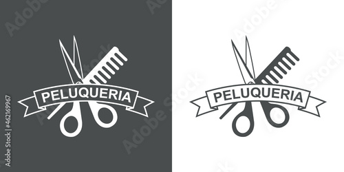 Banner con texto PELUQUERIA en español en cinta con silueta de tijera y peine en fondo gris y fondo blanco