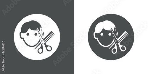 Banner con silueta de tijera y peine con cara de hombre en en círculo en fondo gris y fondo blanco