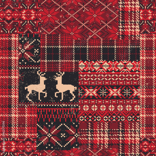 Tartan plaid and snowflake jacquard fabric patchwork grunge abstract vector seamless pattern 