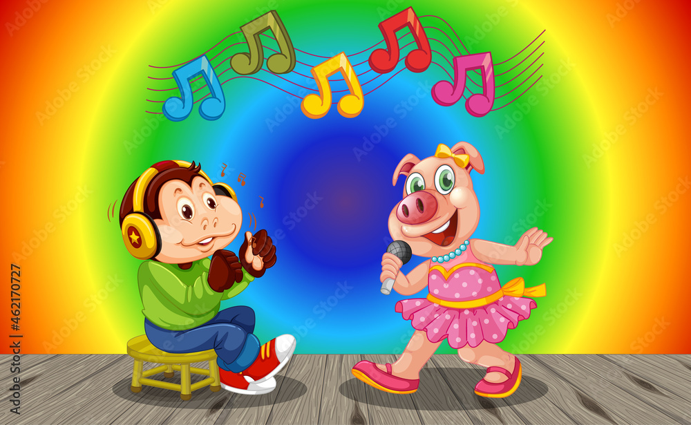 Obraz premium Monkey with pig cartoon character on rainbow gradient background