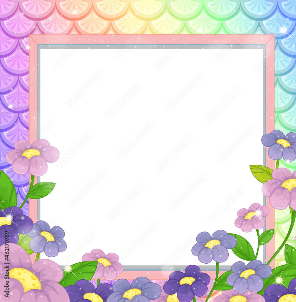 Blank banner on rainbow fish scales background with many flowers