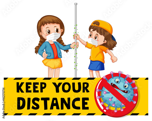 Keep Your Distance font in cartoon style with two kids do not keep social dis...