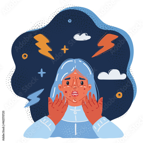 Vector illustration of Young woman look at mirror and worrying about her acne on face. Pimple problem on skin over dark backround.