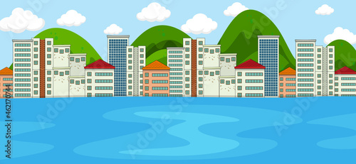Horizontal scene with river and cityscape background