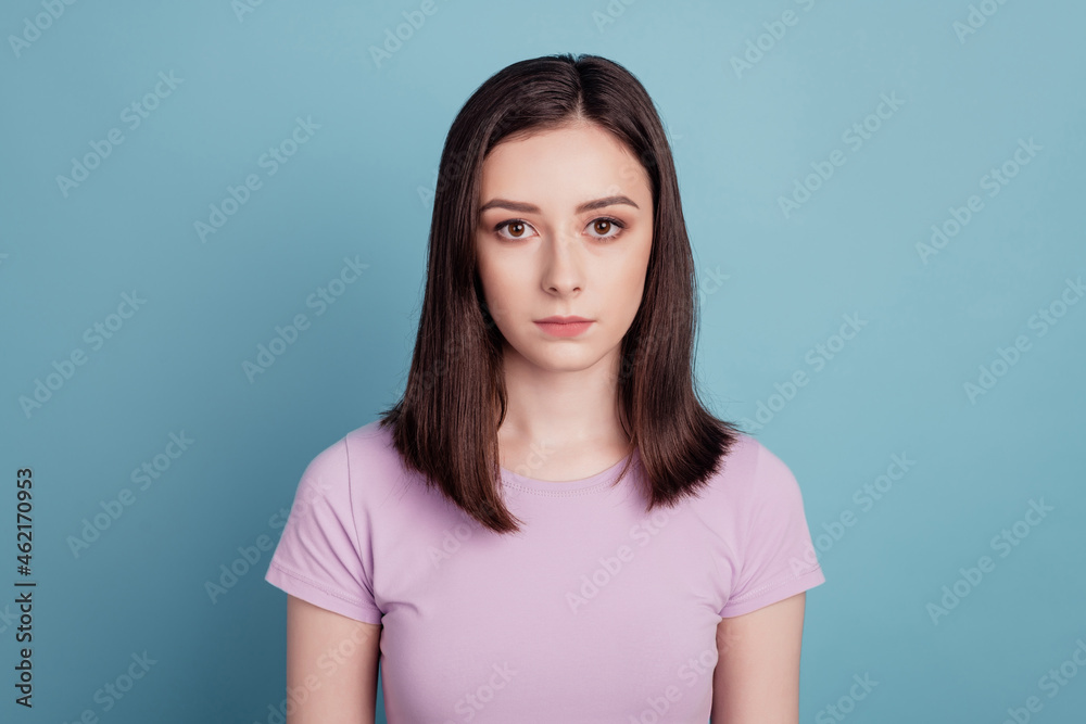 Photo of nice attractive girl confident calm peaceful skincare casual outfit isolated over teal color background Photo of nice attractive girl confident calm peaceful skincare casual outfit isolated over teal color background