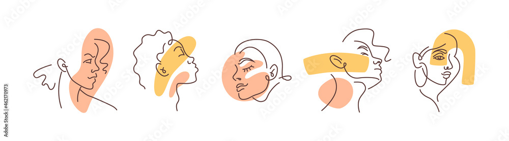 Sketches of happy woman faces in doodle style isolated line portraits set. Vector trendy girls, linear fashion females with color spots. Beautiful ladies in minimalist design, avatars drawings Sketches of happy woman faces in doodle style isolated line portraits set. Vector trendy girls, linear fashion females with color spots. Beautiful ladies in minimalist design, avatars drawings
