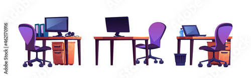 Empty workplaces with computers, desks and chairs, business office or home furniture isolated cartoon set. Vector modern empty workplace, comfortable armchair for boss, clerk, corporate employee