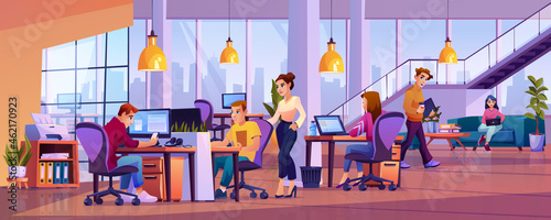 Co-workers in office open space, young people working on computers in co-working area. Vector cartoon male and female executive workers working at shared workspace, business center interior