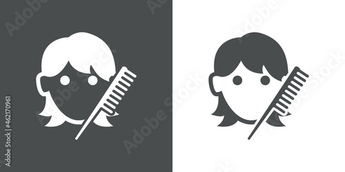 Banner con silueta de tijera y peine con cara de mujer en fondo gris y fondo blanco