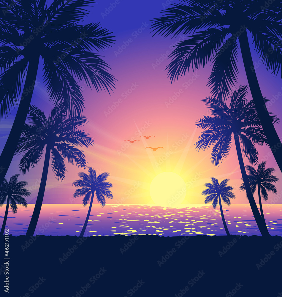 warm tropical beach sunset with palm trees