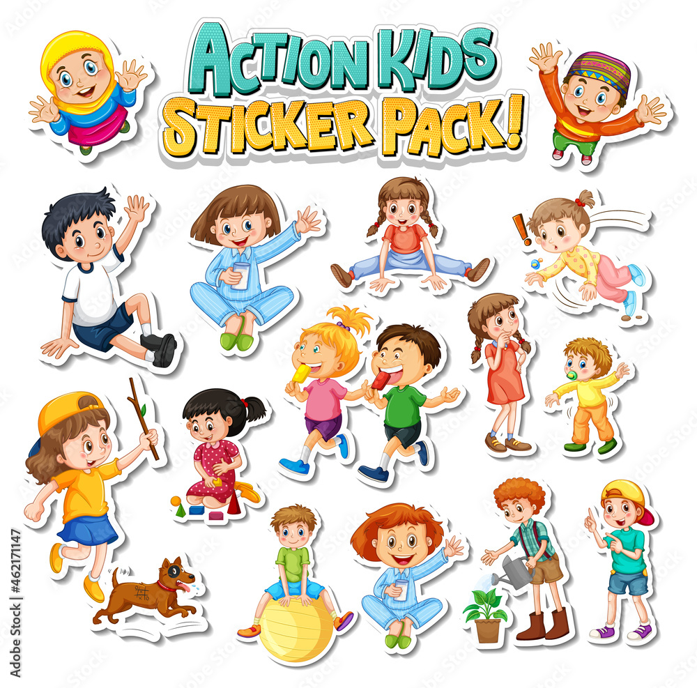Set of stickers design with kids doing different activities Set of stickers design with kids doing different activities