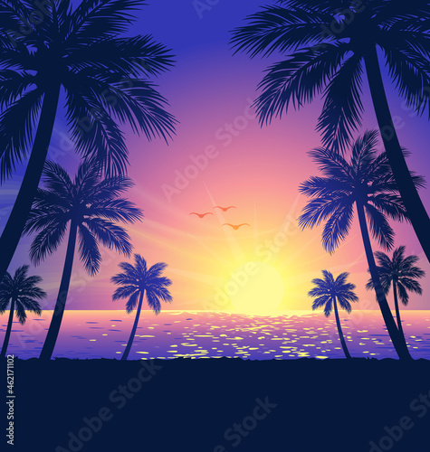 warm tropical beach sunset with palm trees