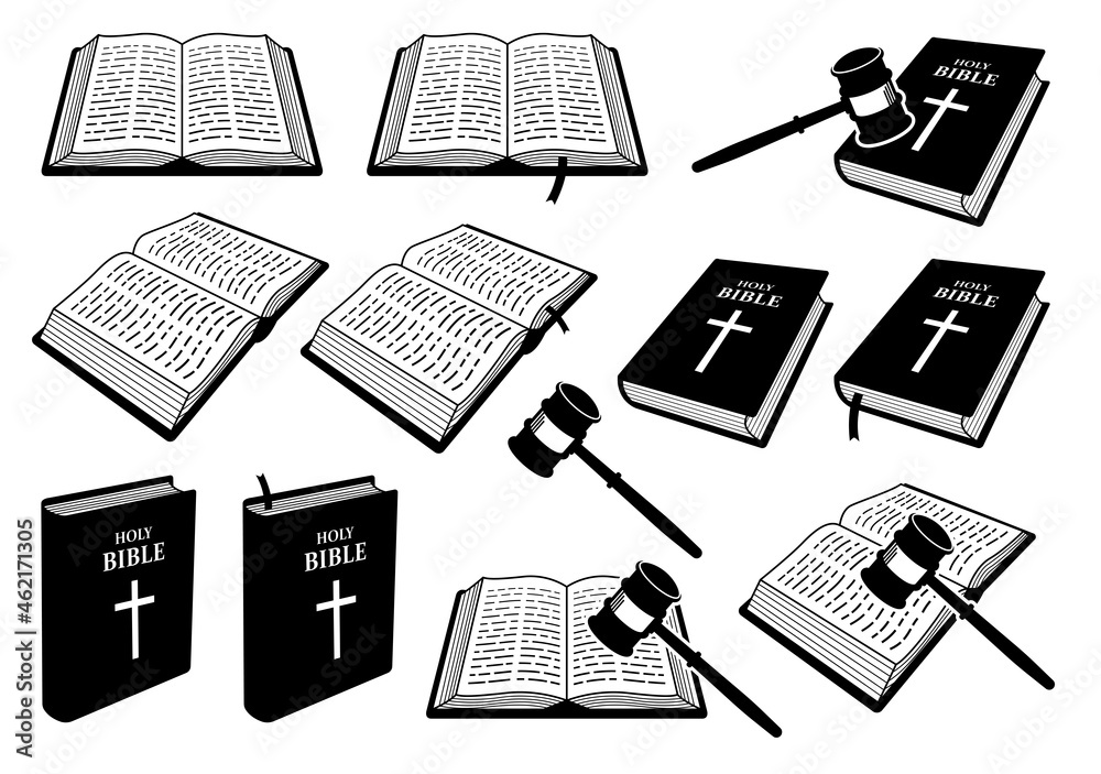 Christian Holy Bible Book of Judgement with judge gavel. Vector illustrations depict a set of Holy Bible books that open, close, showing cover, and with a judge hammer or gavel. - obrazy, fototapety, plakaty 